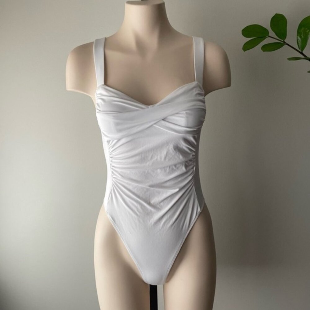 Zara Ruched Bandage High Cut One Piece Bodysuit White Size Small